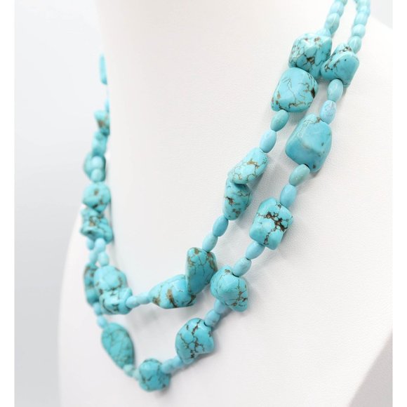 Dyed Turquoise Howlite Double Strand Silver Tone Necklace 18" Boho Southwestern - Picture 3 of 5